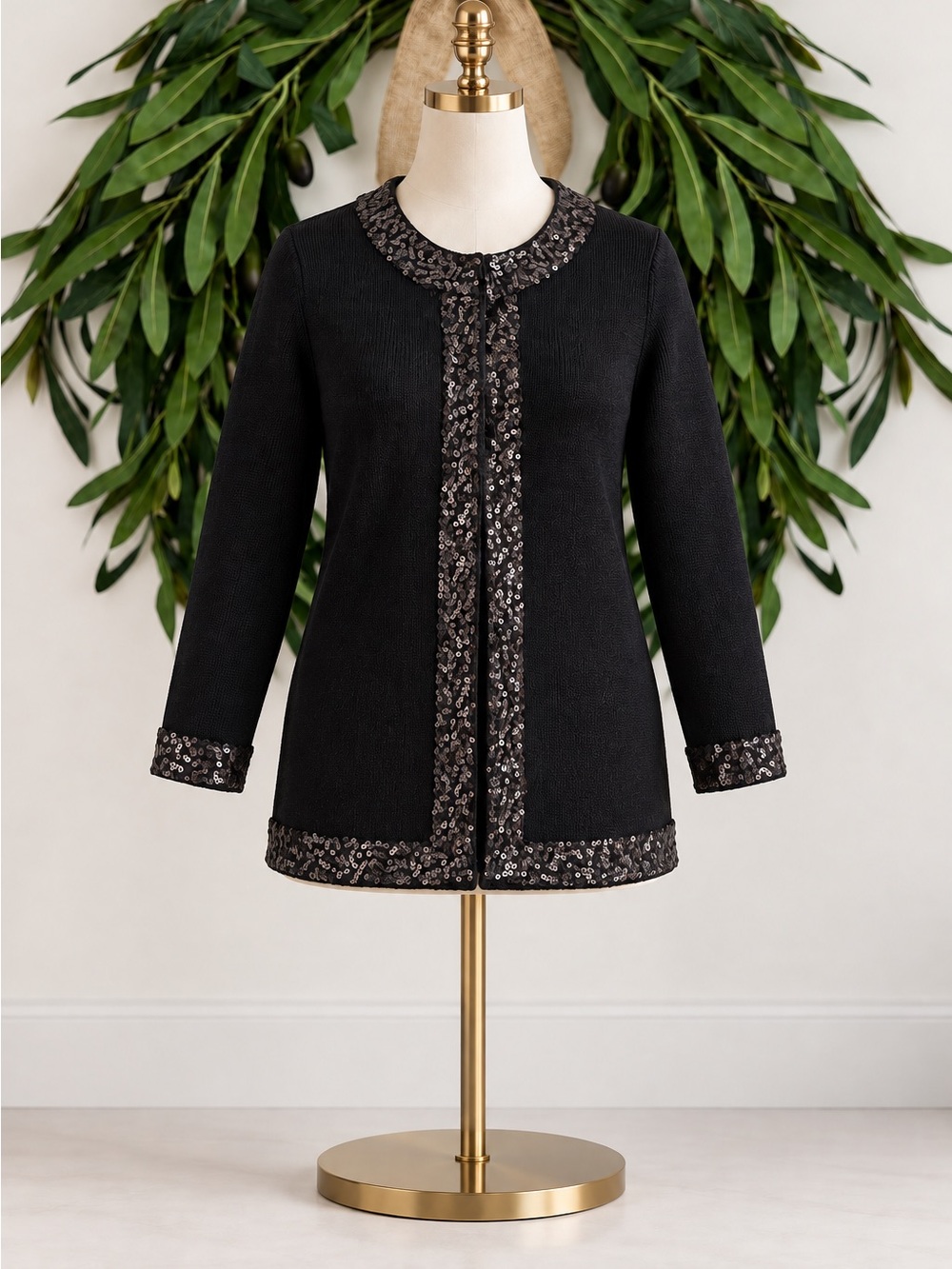 Dana Buchman Black Sequin Long Cardigan Cotton Blend Metallic Holiday Medium